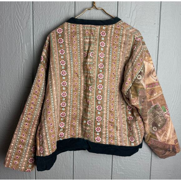 Vintage 70s Boho Patchwork Velvet Brocade Jacket – Floral Lined Kimono Style - Picture 6 of 7